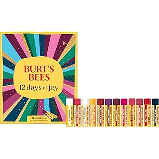 Burt's Bees \“12 Days of Joy\“ gift set includes 12 lip balms in various flavors, featuring a colorful, festive packaging.