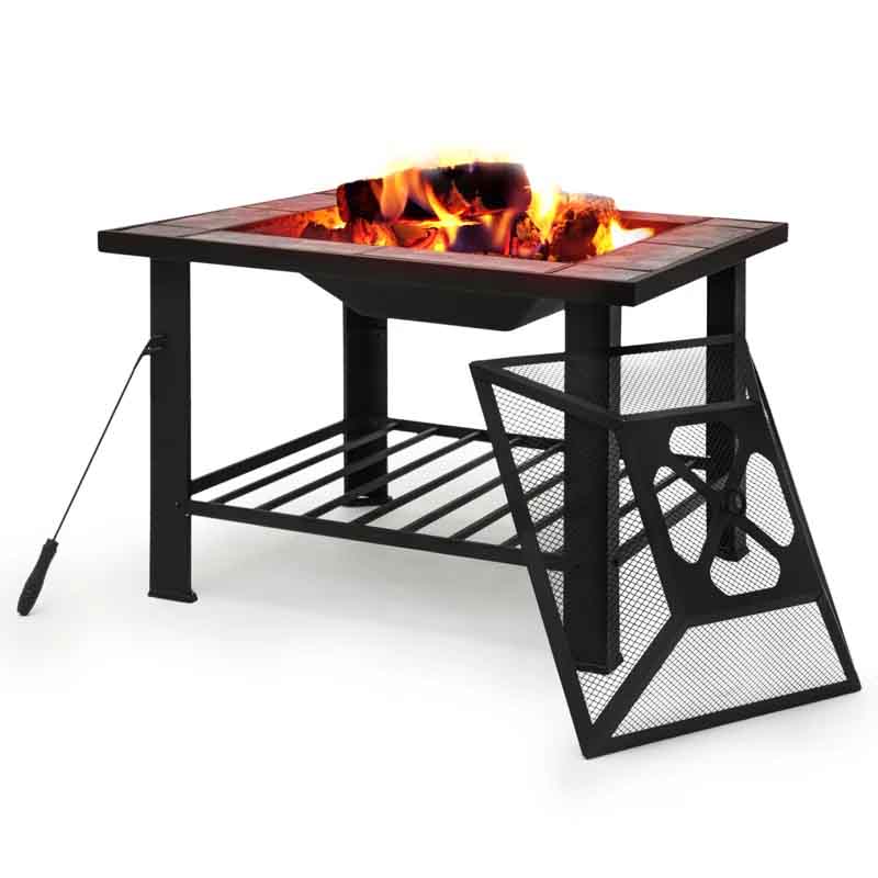 30\“ square wood burning fire pit table with a black metal frame, lattice-style top, and a fire bowl at the center. Includes a mesh screen cover and poker tool for added safety and functionality.