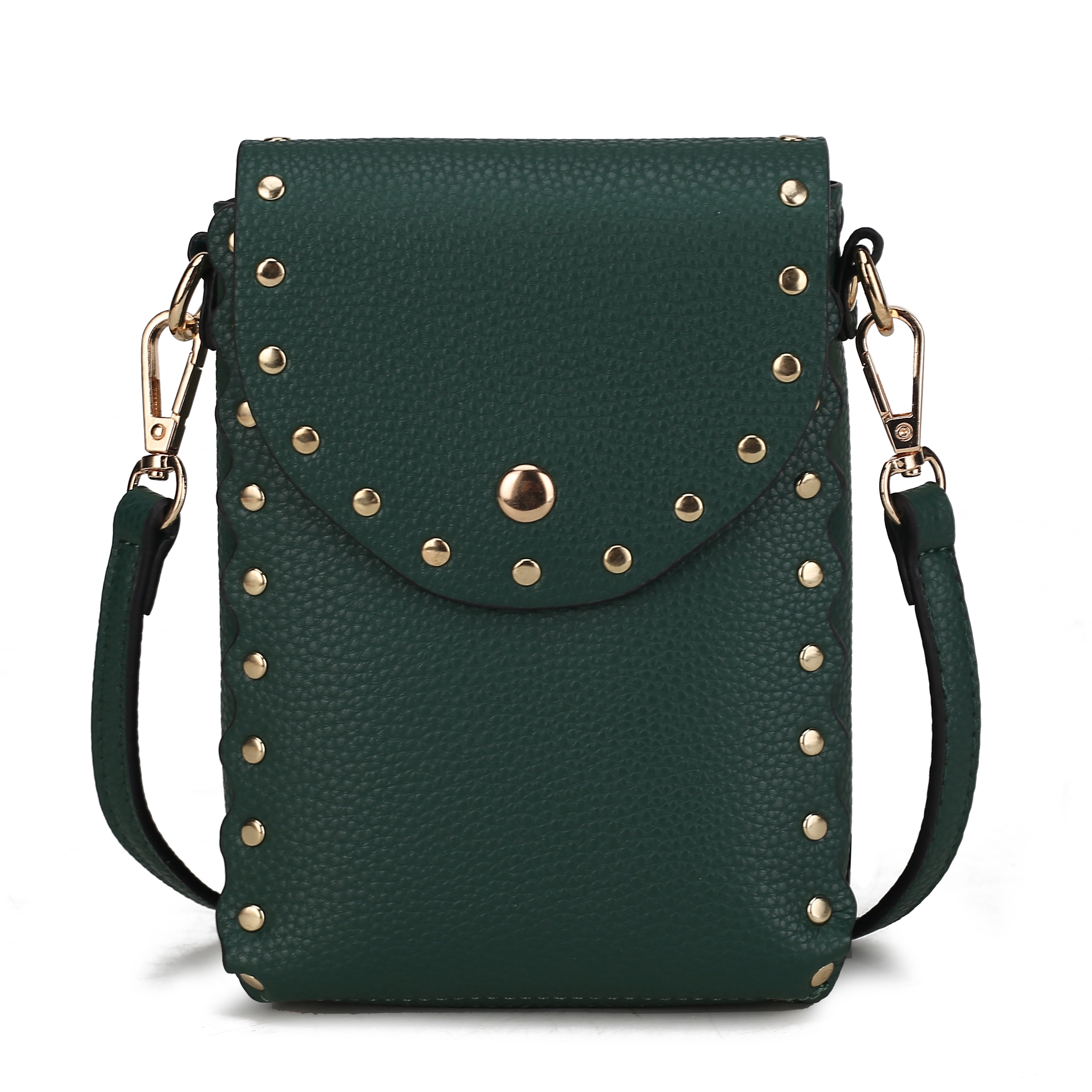 A dark green, faux leather crossbody bag with gold rivets and a snap closure, featuring a detachable strap and textured finish.