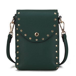 A dark green, faux leather crossbody bag with gold rivets and a snap closure, featuring a detachable strap and textured finish.