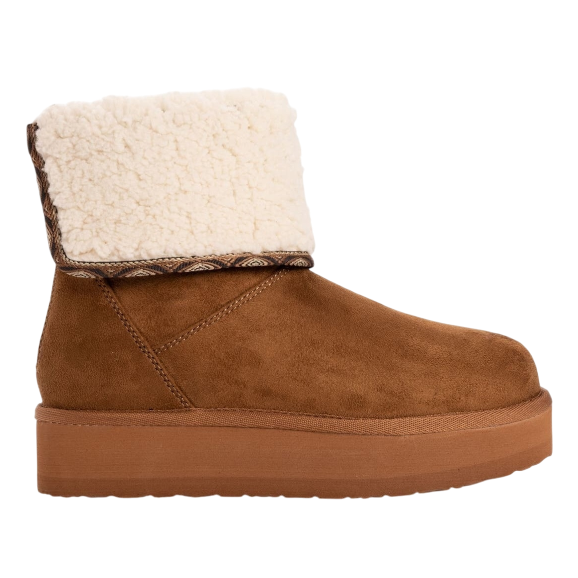 A brown suede ankle boot with a thick sole and a folded-over, fluffy white fleece cuff, accented with a patterned trim.