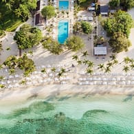 Aerial view of a tropical beach resort with sun loungers, palm trees, and a clear view of the shore.
