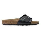 A black sandal with a single wide strap and a large buckle, featuring a cork footbed and rubber sole.