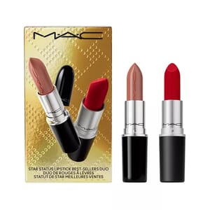 MAC Star Status Lipstick Best-Sellers Duo featuring two lipsticks in shades of nude and red, with a gold packaging box.