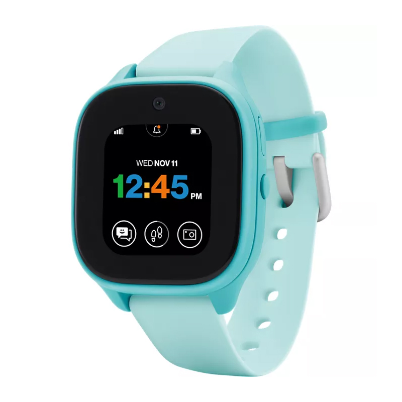 A turquoise smartwatch with a rounded square display showing the time, date, and icons for messaging and camera functions.