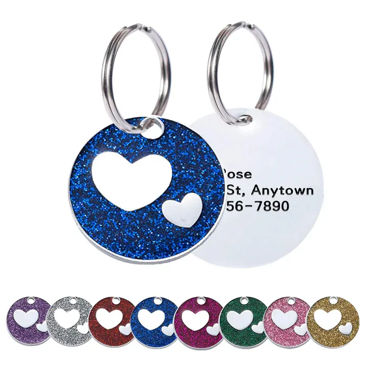 Round pet ID tags with heart cutouts in various glitter colors, each featuring a customizable backside for personal information.
