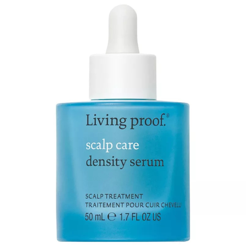 Living Proof Scalp Care Density Serum is a scalp treatment aimed at improving hair density. It comes in a blue 50 mL (1.7 fl oz) bottle with a dropper for application.