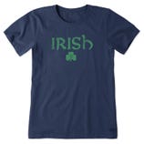 Navy blue T-shirt with \“IRISH\“ printed in green, featuring a shamrock below with \“Life is Good\“ inscribed on it.