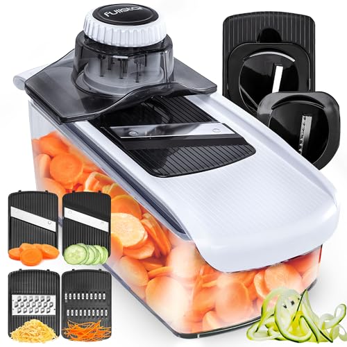 A mandoline slicer with interchangeable blades for slicing, grating, and julienning vegetables, housed in a white and black container.