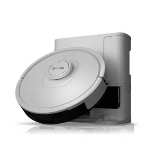A Shark branded round robotic vacuum is shown docked at its charging station, featuring a white and black design.