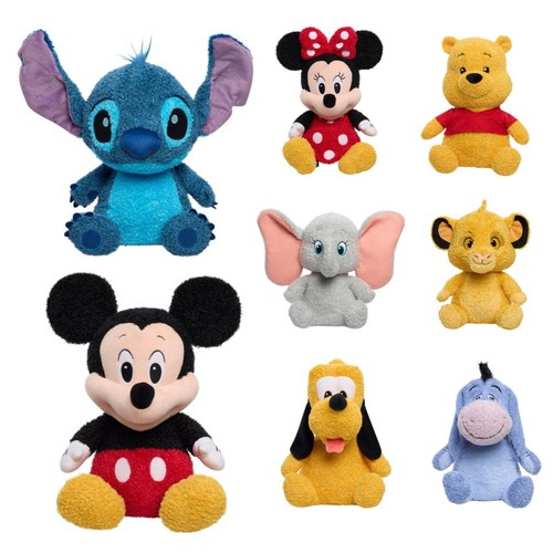 Plush toys of various Disney characters including Stitch, Minnie Mouse, Winnie the Pooh, Dumbo, Mickey Mouse, Pluto, and Eeyore.