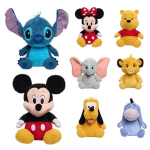 Plush toys of various Disney characters including Stitch, Minnie Mouse, Winnie the Pooh, Dumbo, Mickey Mouse, Pluto, and Eeyore.
