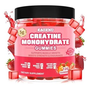 KAOXNU Creatine Monohydrate Gummies, featuring 5g per serving, support muscle growth and boost strength and endurance. They are sugar-free and suitable for pre-workout, post-workout, and anytime energy support, with 120 gummies per container.