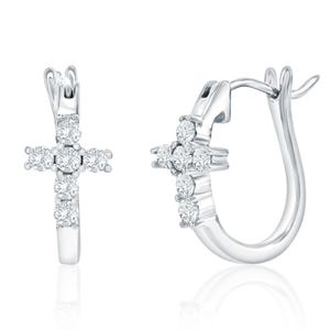 Sterling Silver Cross Huggies feature a dangling cross adorned with round, sparkling stones set in a polished silver finish, designed with a secure latch back closure for a classic and elegant look.