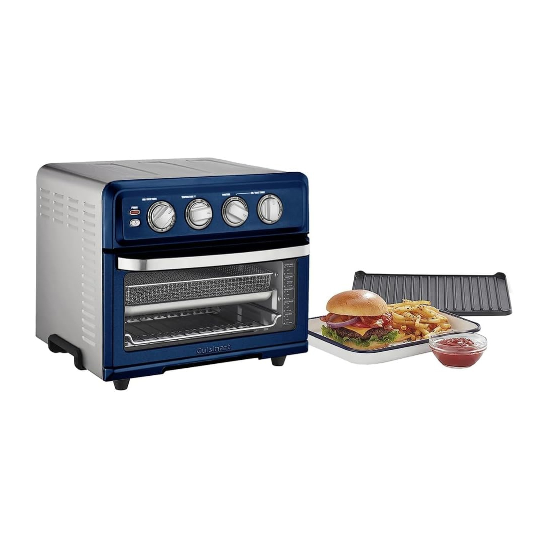 Blue countertop kitchen oven with adjustable dials and a tray containing a burger and fries.
