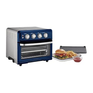 Blue countertop kitchen oven with adjustable dials and a tray containing a burger and fries.