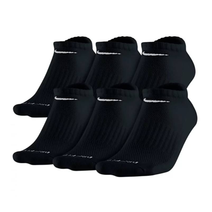 Six pairs of black Nike no-show socks featuring a white swoosh logo near the cuff and ribbed texture for comfort.