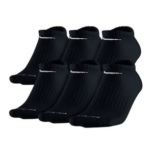 Six pairs of black Nike no-show socks featuring a white swoosh logo near the cuff and ribbed texture for comfort.