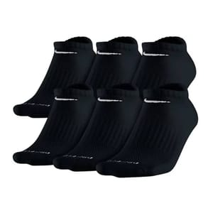 Six pairs of black Nike no-show socks featuring a white swoosh logo near the cuff and ribbed texture for comfort.