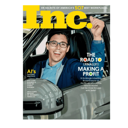 Magazine cover featuring the headline about Rivian and its CEO, RJ Scaringe, discussing profitability and competition with Tesla. Other topics include AI’s role in mergers and acquisitions and insights into modern business challenges.