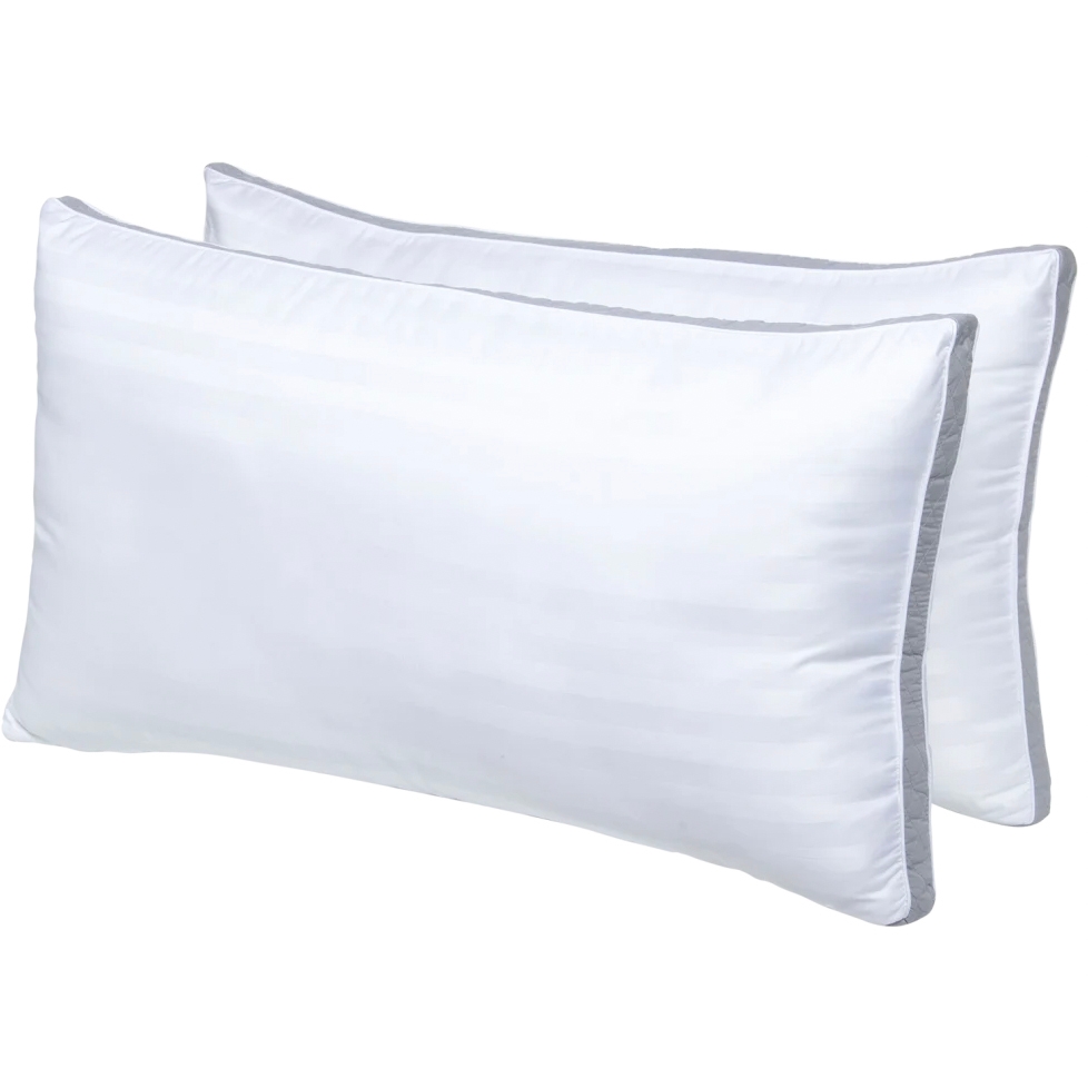 Two white pillows with subtle striped patterns and gray edging, shown side by side.