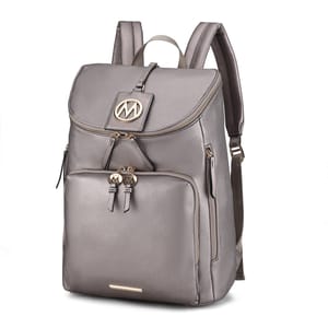 A grey leather backpack with gold-tone hardware, front zip pocket, side zip pockets, and padded straps. Features a prominent \“M\“ logo on the flap.