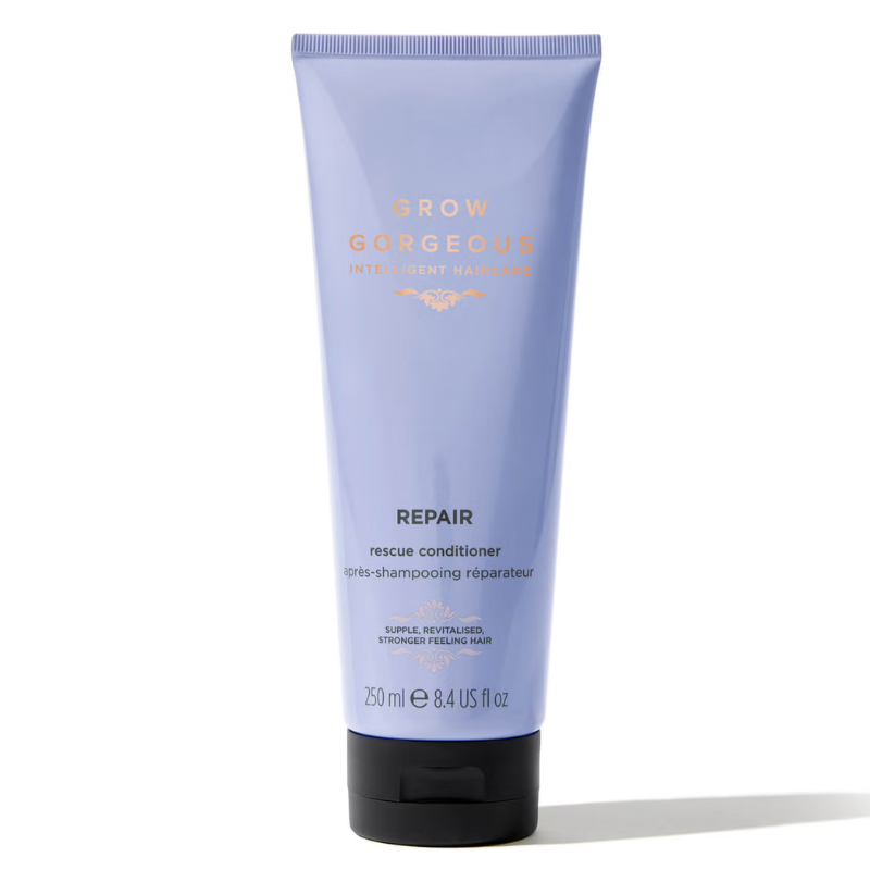 Grow Gorgeous Repair Rescue Conditioner in a 250 ml (8.4 US fl oz) tube is designed to rejuvenate and strengthen hair, featuring the tagline \“Supple, revitalised, stronger feeling hair.\“