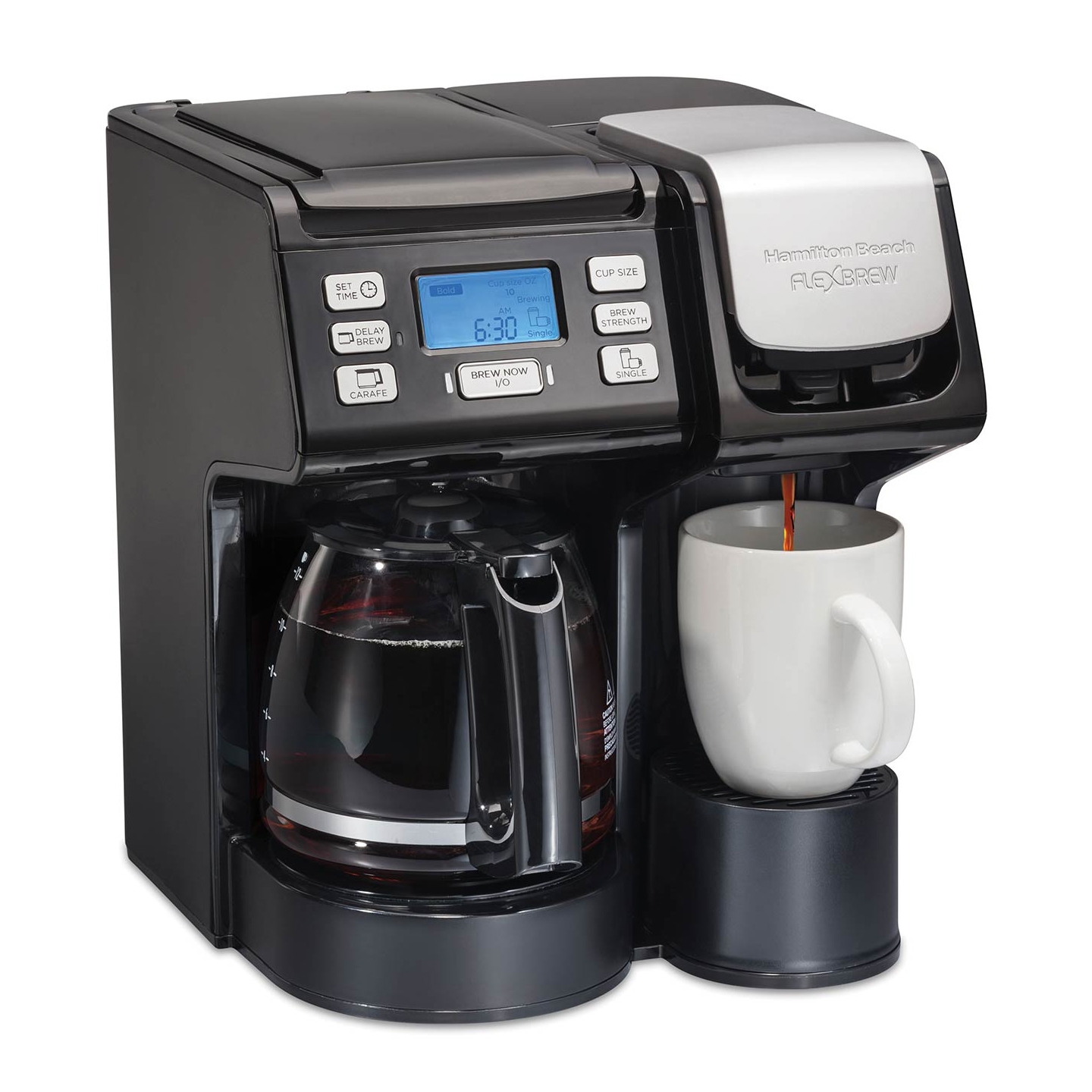 Hamilton Beach FlexBrew is a dual-function coffee maker featuring a digital display and buttons for settings such as brew strength and time. It allows brewing a full carafe on one side and a single cup on the other using ground coffee or pods.