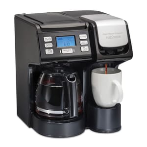 Hamilton Beach FlexBrew is a dual-function coffee maker featuring a digital display and buttons for settings such as brew strength and time. It allows brewing a full carafe on one side and a single cup on the other using ground coffee or pods.