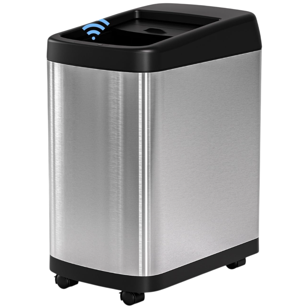 A stainless steel automatic trash can with a black lid and wheels, featuring a touchless sensor for opening.