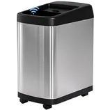 A stainless steel automatic trash can with a black lid and wheels, featuring a touchless sensor for opening.