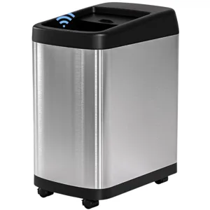 A stainless steel automatic trash can with a black lid and wheels, featuring a touchless sensor for opening.