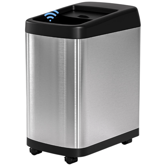 A stainless steel automatic trash can with a black lid and wheels, featuring a touchless sensor for opening.
