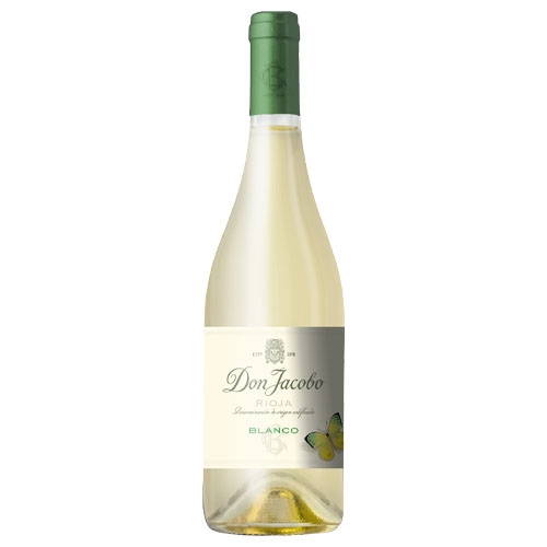 Bottle of Don Jacobo Rioja Blanco wine with a green cap and butterfly design on the label.