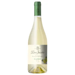 Bottle of Don Jacobo Rioja Blanco wine with a green cap and butterfly design on the label.