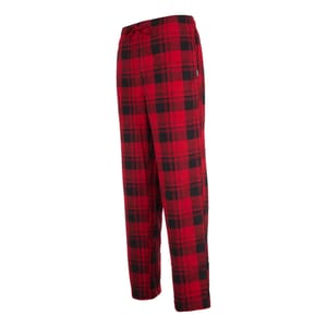 Red and black checkered pajama pants with an elastic waistband and drawstring.