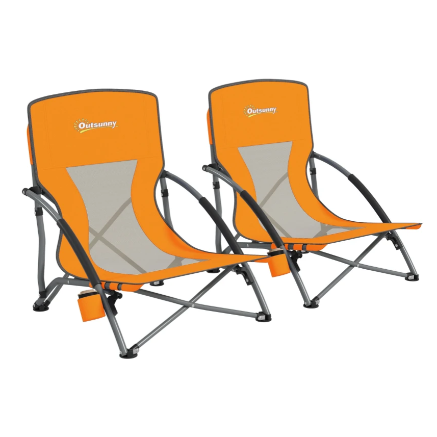 Two orange outdoor folding chairs with mesh fabric, labeled \“Outsunny,\“ featuring a cup holder on each side and supported by a sturdy metal frame.
