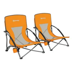 Two orange outdoor folding chairs with mesh fabric, labeled \“Outsunny,\“ featuring a cup holder on each side and supported by a sturdy metal frame.