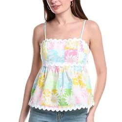 A sleeveless, multi-colored floral patterned top with spaghetti straps and a scalloped trim at the neckline and hem, paired with light blue jeans.