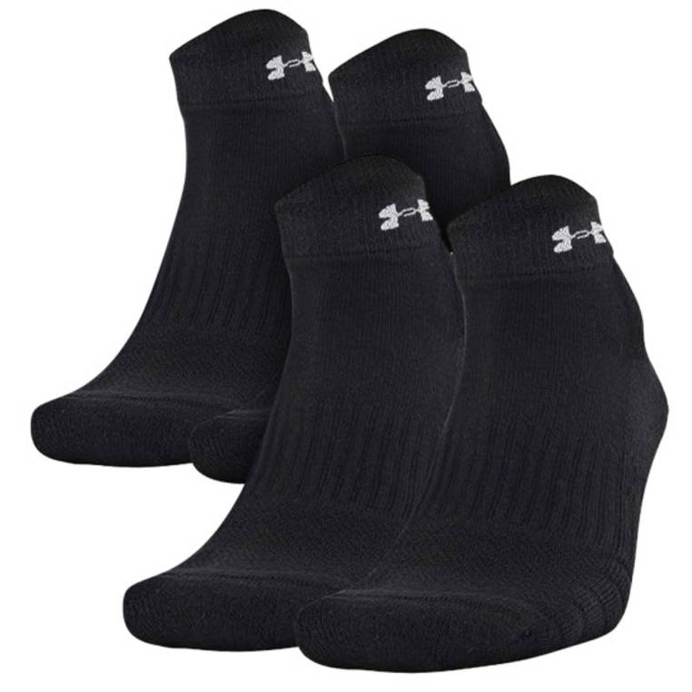 The 2pk UA Train Lowcut Socks are black, ankle-length socks with a ribbed texture and feature the brand's logo in white near the cuff. They are designed for athletic use, providing comfort and support.