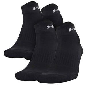 The 2pk UA Train Lowcut Socks are black, ankle-length socks with a ribbed texture and feature the brand's logo in white near the cuff. They are designed for athletic use, providing comfort and support.