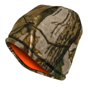 A reversible fleece beanie with a camouflage pattern on one side and bright orange on the other. Suitable for outdoor activities like hunting or hiking.