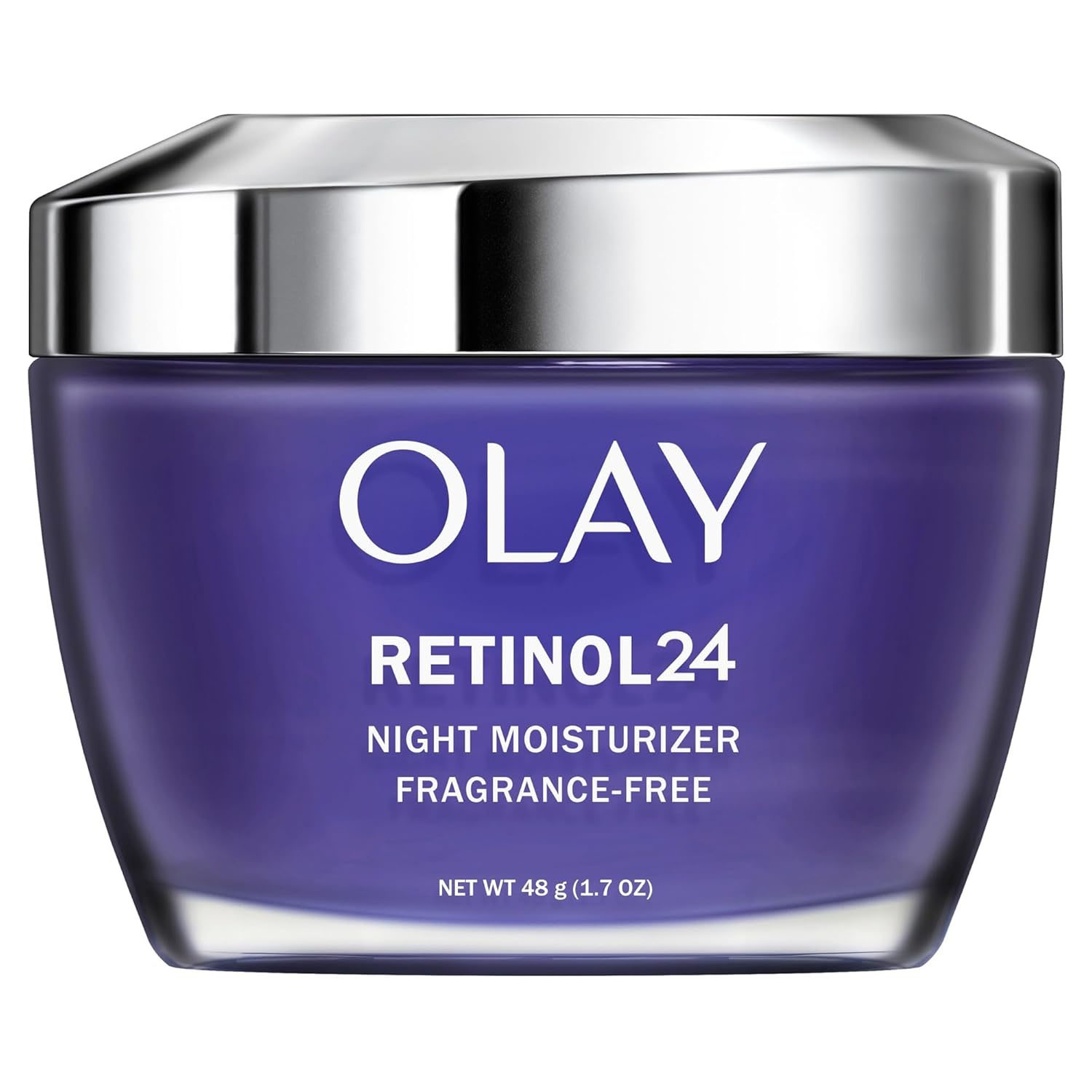 Olay Retinol 24 Night Moisturizer is a fragrance-free night cream. It comes in a 48g (1.7 oz) container and is designed to provide 24-hour hydration with retinol for smoother skin.