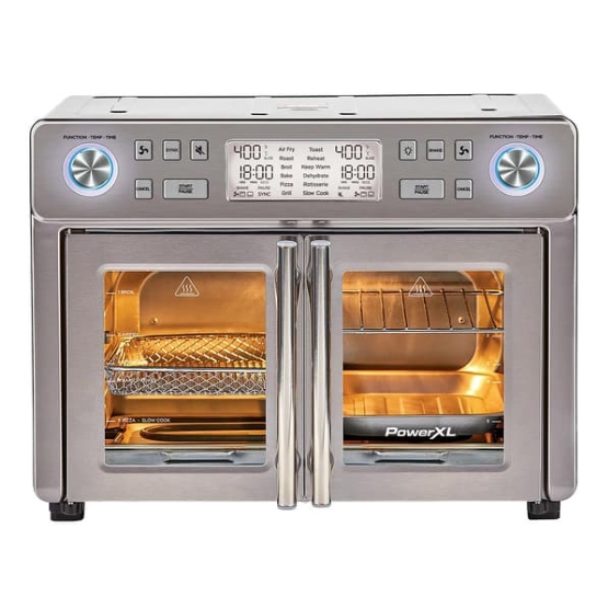 PowerXL 25qt Air Fryer Oven features a stainless steel design with French doors, digital display, and various cooking functions including air fry and toast. The interior has multiple racks for versatile cooking options.