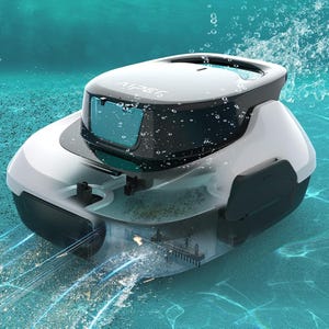 An underwater robotic pool cleaner with water jets, operating in a pool.