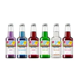 Six flavored syrups from Hawaiian Shaved Ice, featuring grape, blue raspberry, cherry, lemon-lime, piña colada, and tiger's blood flavors.