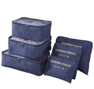 Set of blue travel packing cubes and laundry pouches, featuring zippers and mesh tops for organized packing.