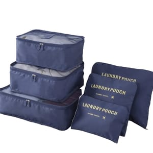 Set of blue travel packing cubes and laundry pouches, featuring zippers and mesh tops for organized packing.