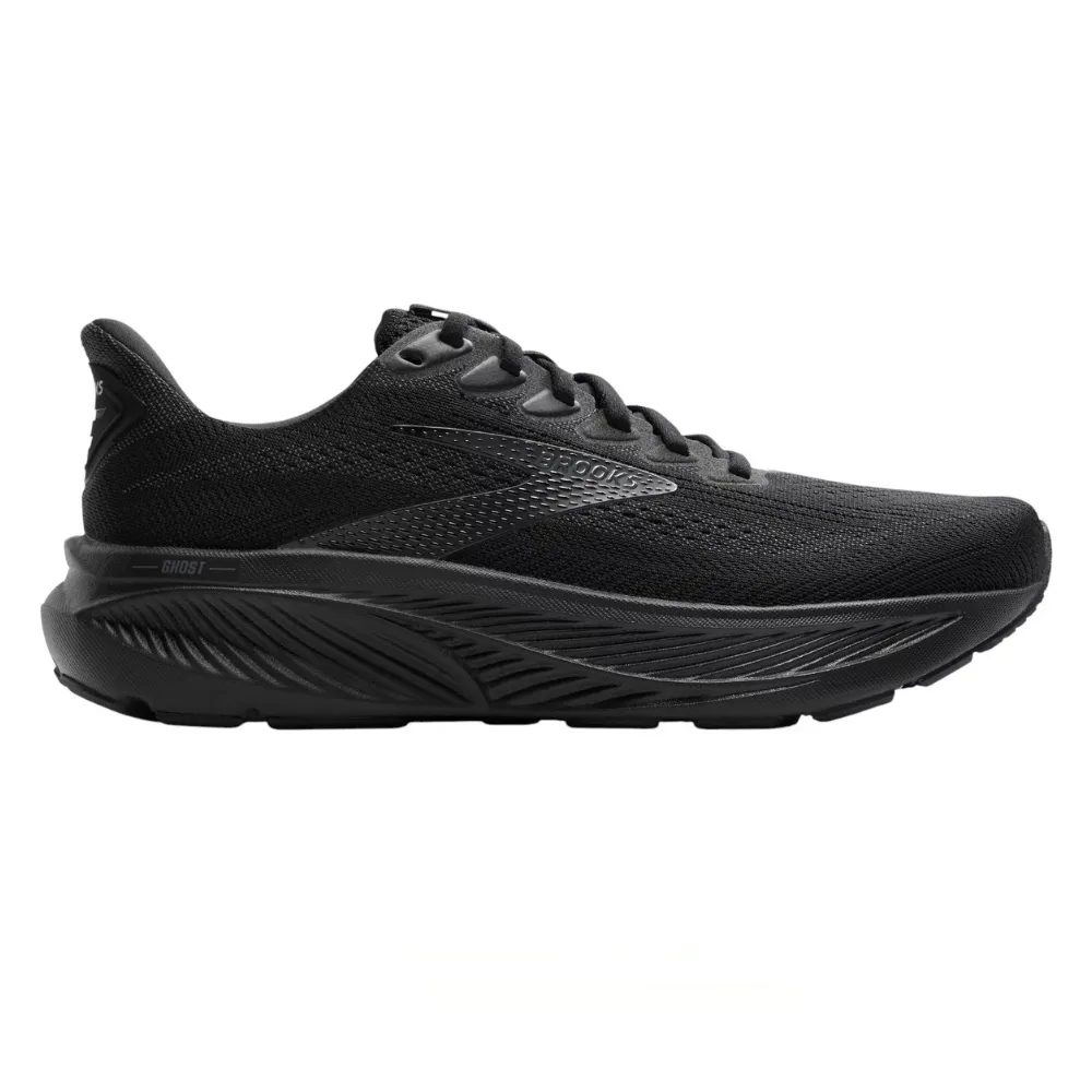 A black athletic running shoe with a cushioned sole and breathable mesh upper, featuring the brand name \“Brooks\“ and the model \“Ghost\“ on the side.