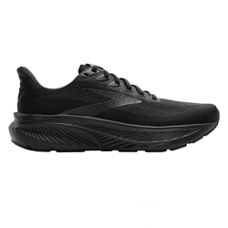 A black athletic running shoe with a cushioned sole and breathable mesh upper, featuring the brand name \“Brooks\“ and the model \“Ghost\“ on the side.